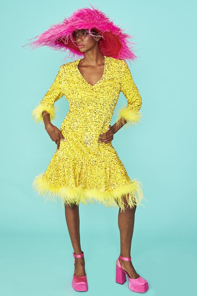 JAYLEY Yellow Sequin Skater Dress with Feather Trim