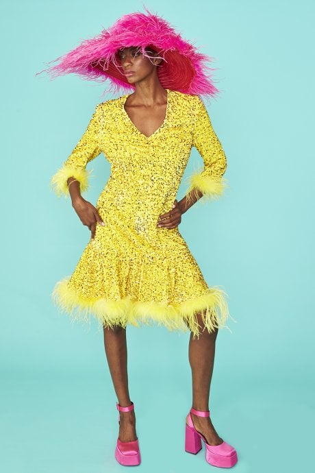 Yellow Sequin Skater Dress with Feather Trim