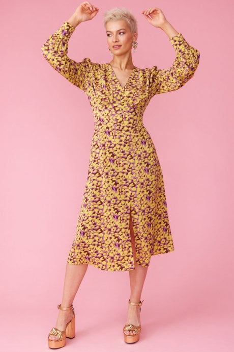 Yellow Silk Blend Floral Maxi Dress