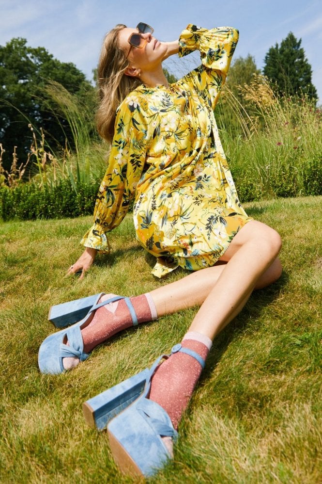 JAYLEY Yellow Silk Devore Floral Dress with Long Sleeves