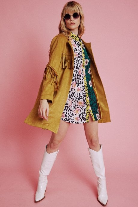 Yellow Starlight Tassel Glitter Faux Suede Jacket