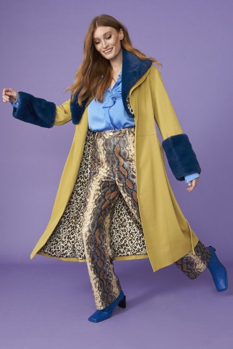Yellow Trench Style Belted Coat with Faux Fur Cuffs and Collar