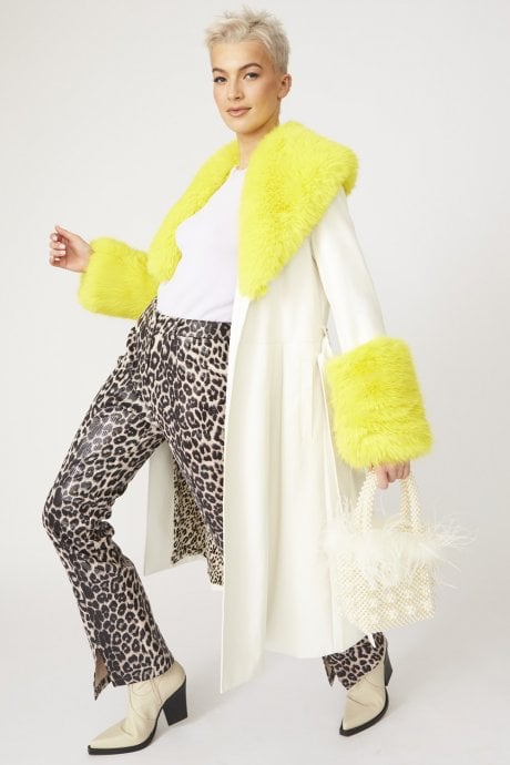 Yellow Trench Style Belted Coat with Faux Fur Cuffs and Collar