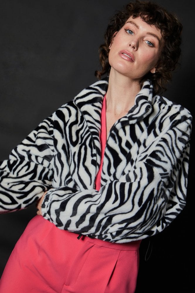 JAYLEY Zebra Print Faux Fur Cropped Bomber Jacket