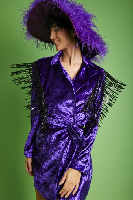 Purple Crushed Velvet Blazer dress with Sequin Tassels