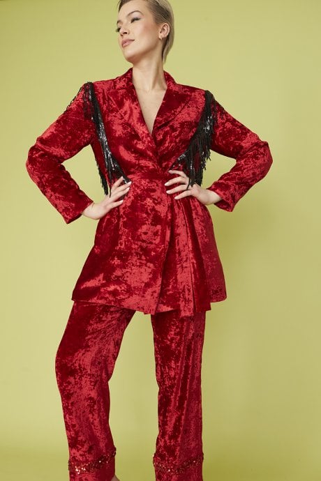 Red Crushed Velvet Blazer dress with Sequin Tassels